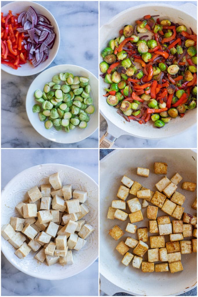 showing how to make crispy tofu and cooked vegetables