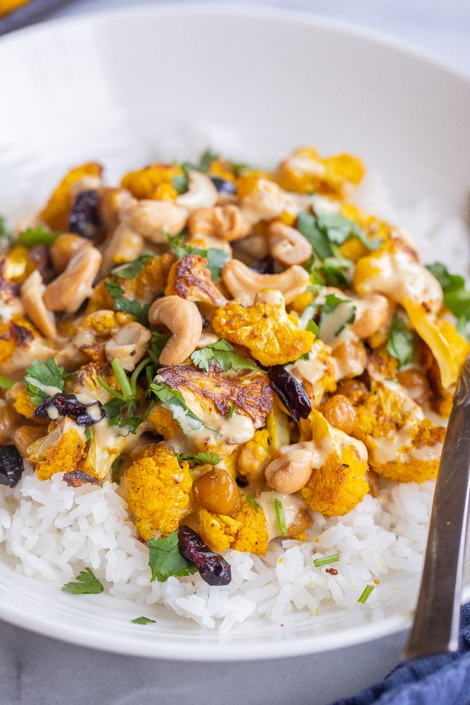 close up of curry roasted cauliflower with chickpeas