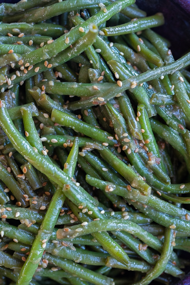 close up of miso sesame green beans