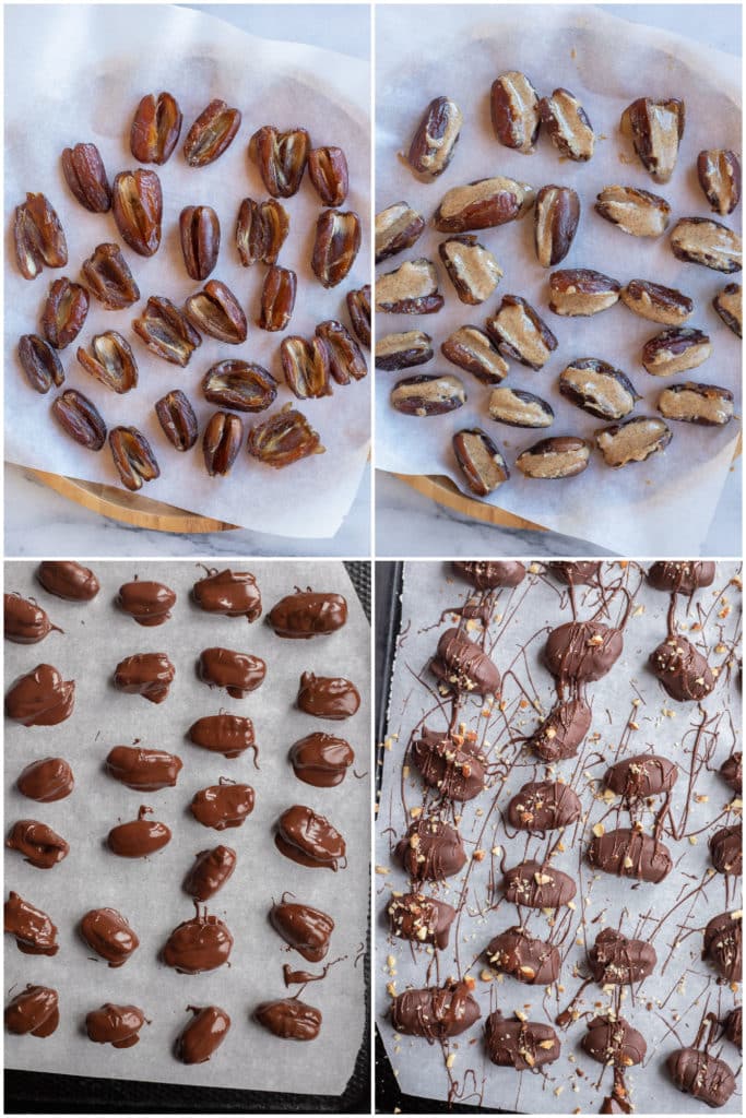 showing how to make almond butter stuffed dates covered with chocolate