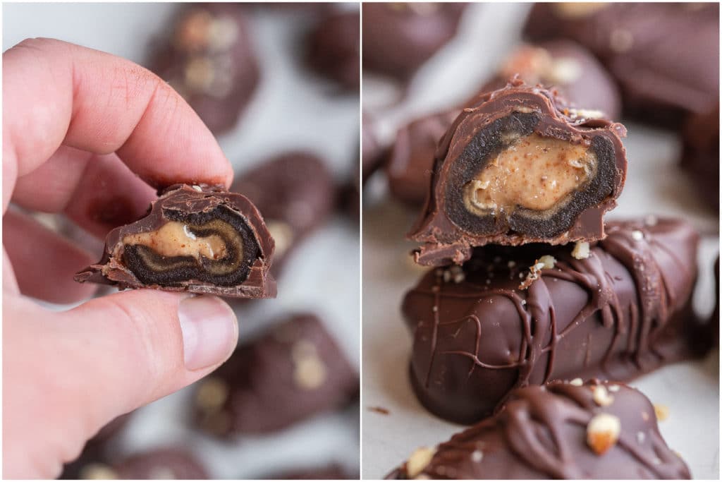 close up of the inside of an almond butter stuffed date