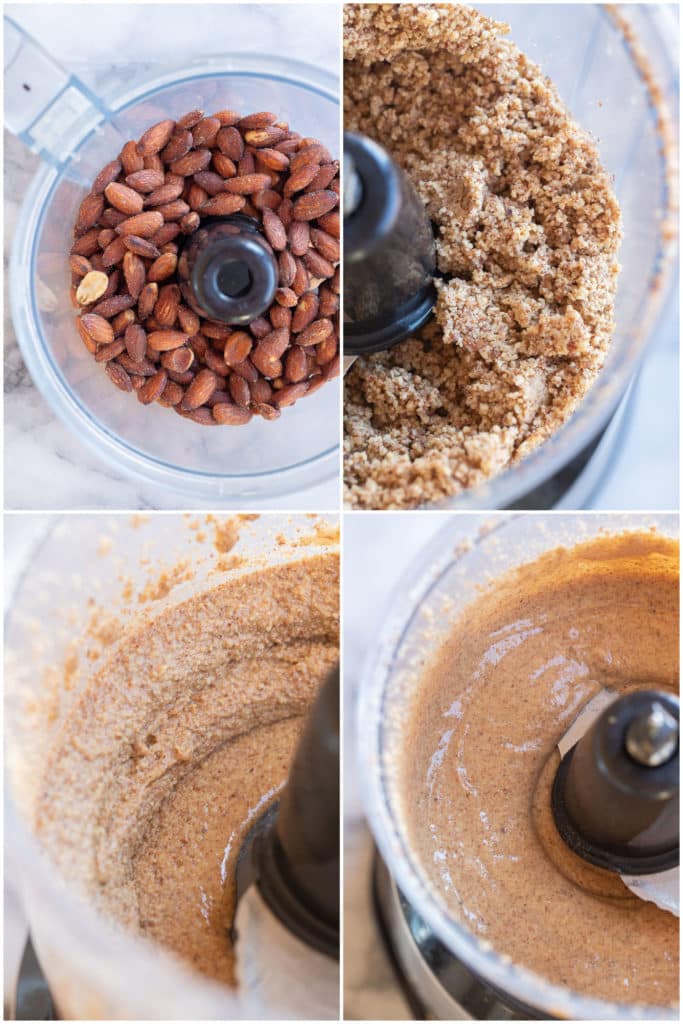 showing how to make homemade smoky almond butter using a food processor
