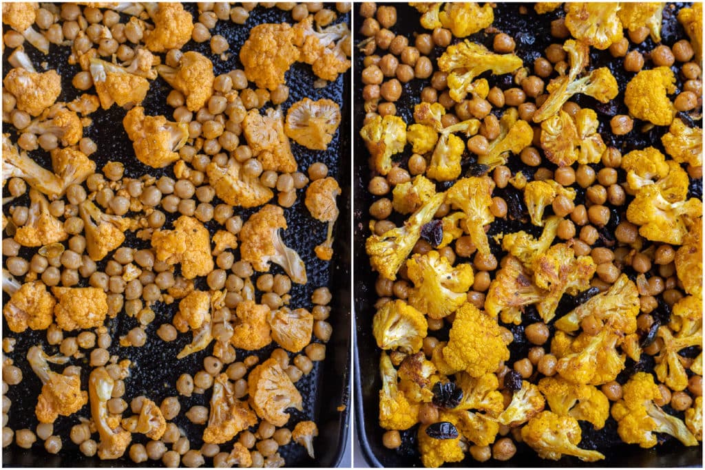 showing how to make golden roasted cauliflower with chickpeas