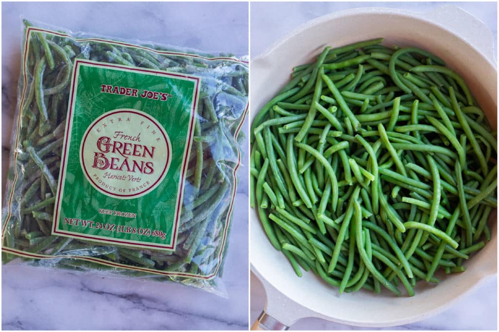 frozen green beans and a pan full of cooked green beans