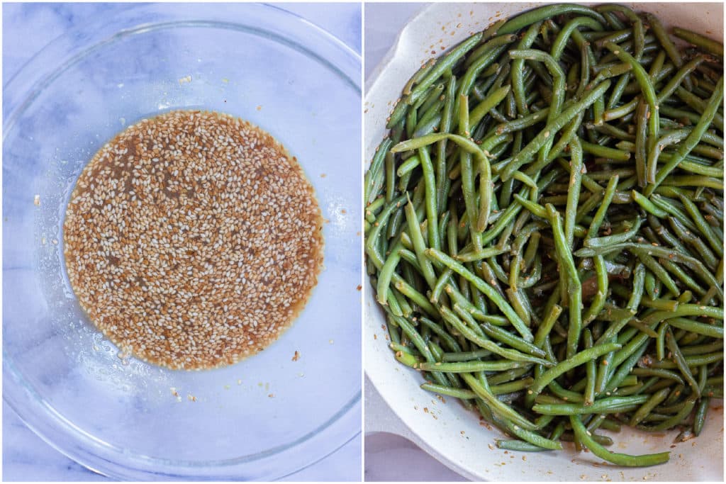 miso sesame sauce on the cooked green beans
