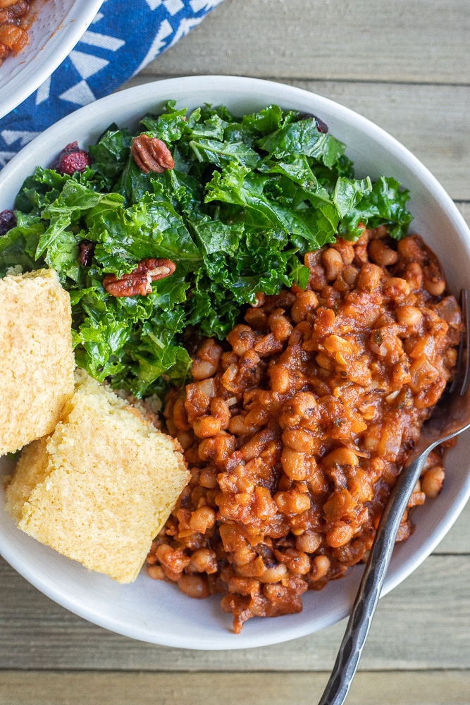 BBQ Black Eyed Peas with kale salad and cornbread