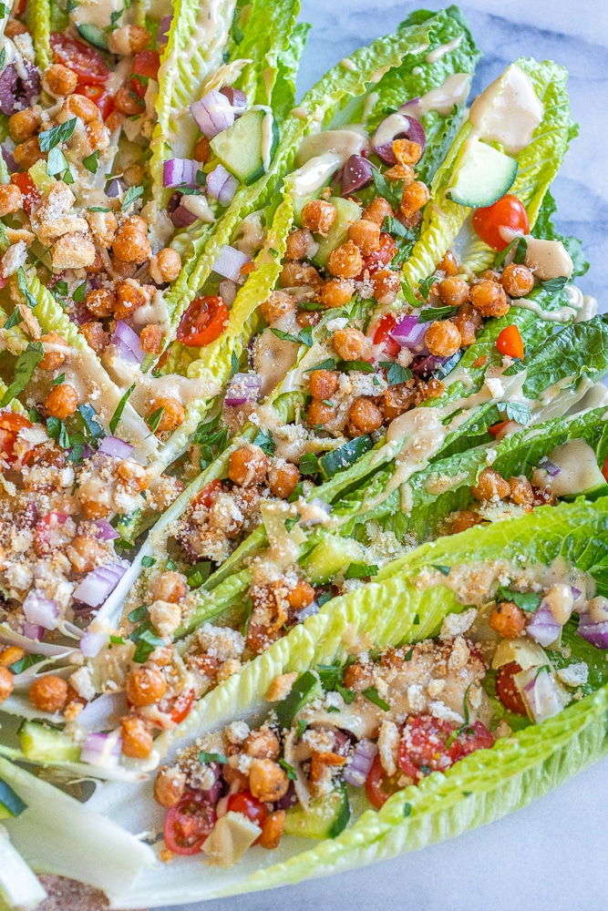 close up of this cute romaine lettuce greek salad Christmas tree