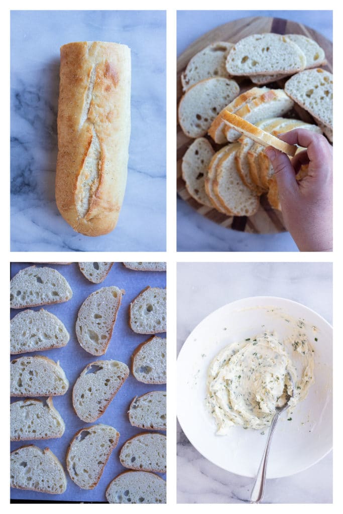 showing how to cut your bread in small pieces to make thin and crispy garlic bread