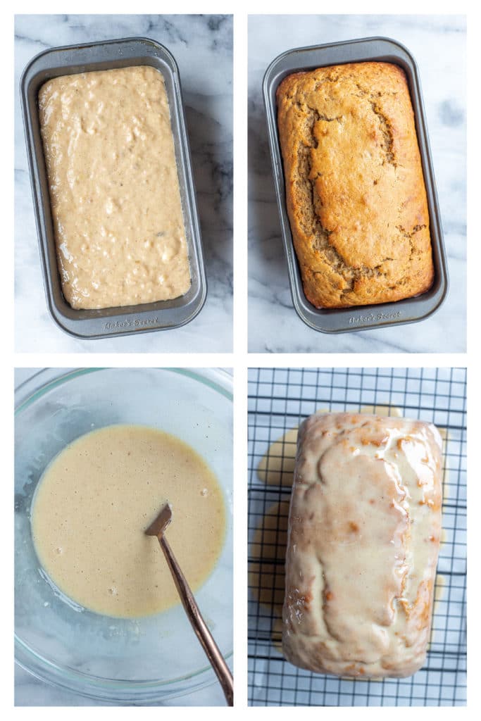 banana bread before and after it's been baked and glazed