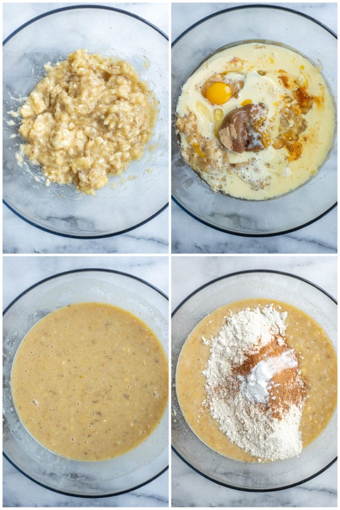 showing how to make the best eggnog banana bread recipe