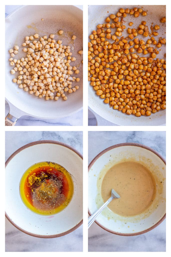 showing how to make crispy seasoned chickpeas and creamy tahini dressing