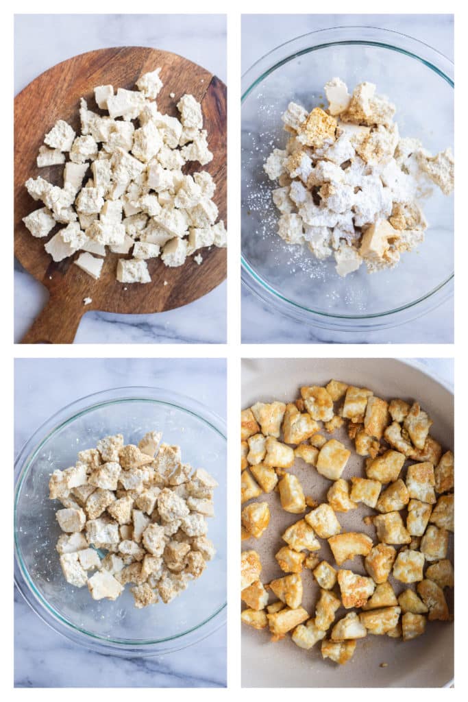 showing how to make crispy pan fried tofu with corn starch