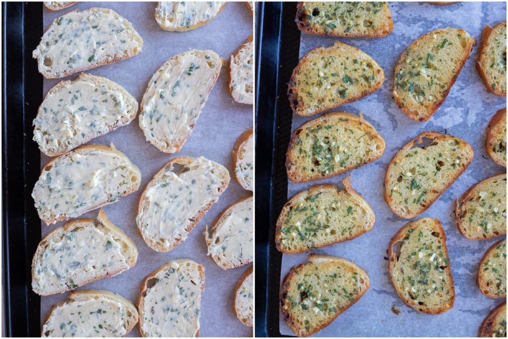 garlic bread with miso butter spread over it before and after it has been baked