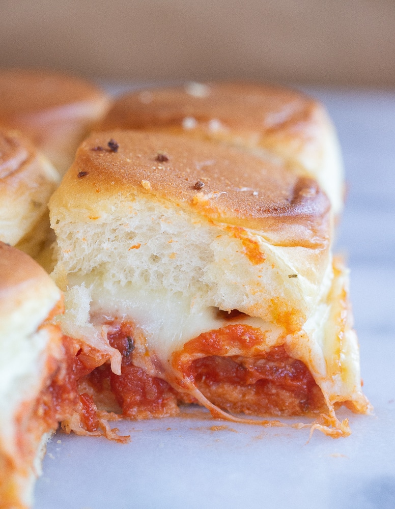 close up of a chicken parmesan vegetarian slider
