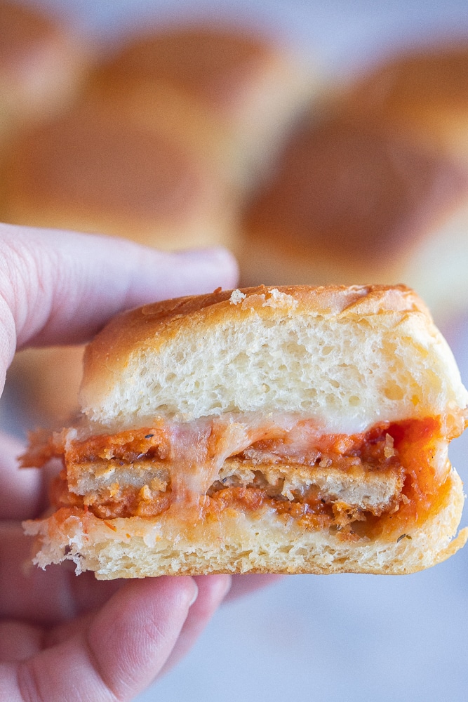 close up of a vegetarian chicken parmesan slider