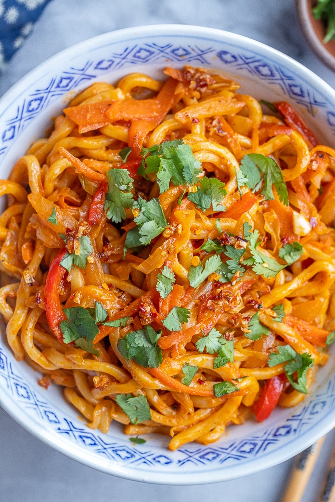 close up of red curry noodles