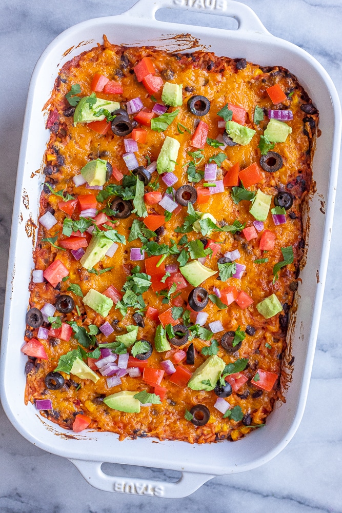 rice and bean casserole with all it's toppings