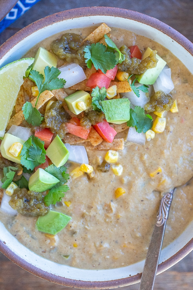 close up of all the toppings on the vegetarian white bean chili recipe