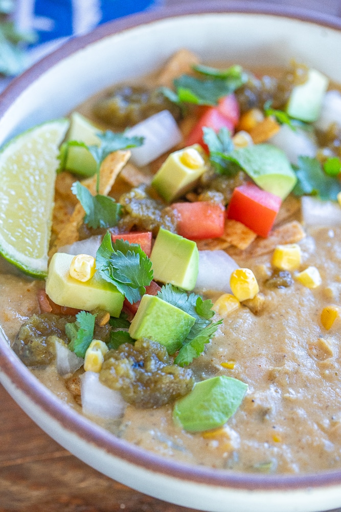 close up of a bowl of creamy white bean chili