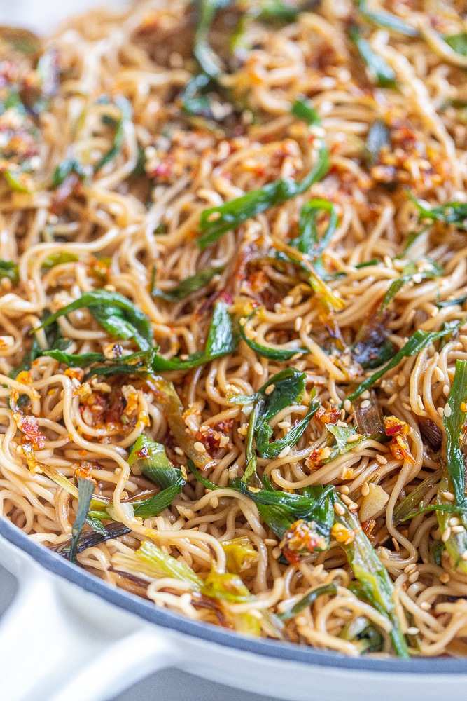 soy scallion noodle recipe close up in a pan