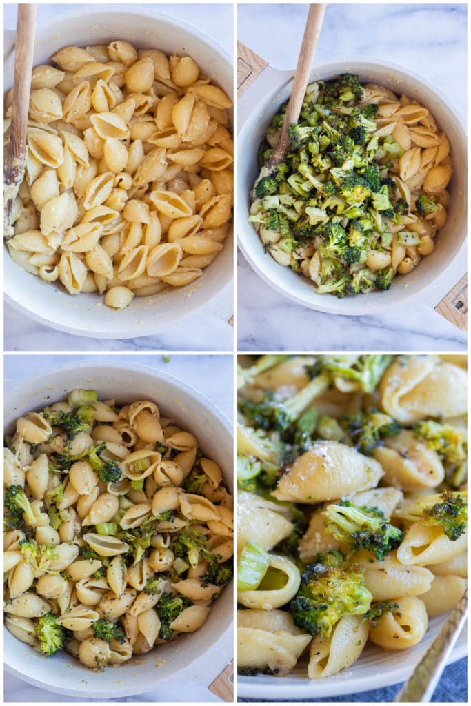 the pasta getting tossed with the broccoli and garlic Parmesan sauce