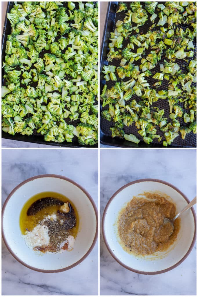 showing how to make the roasted broccoli and the garlic parmesan sauce