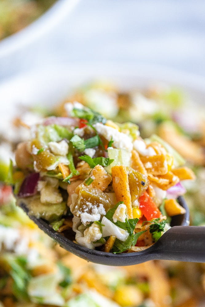 a big spoonful of New Mexican Chopped Salad close up