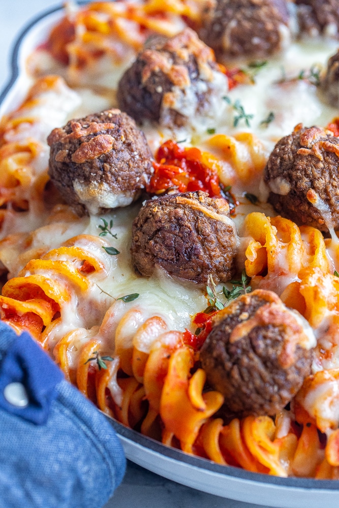 close up of a vegetarian meatball in the spicy pasta bake