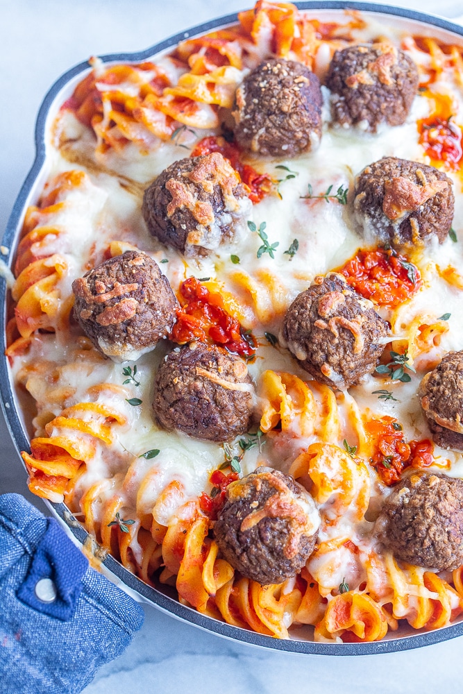 pan with cheesy meatball baked pasta with Calabrian chili peppers