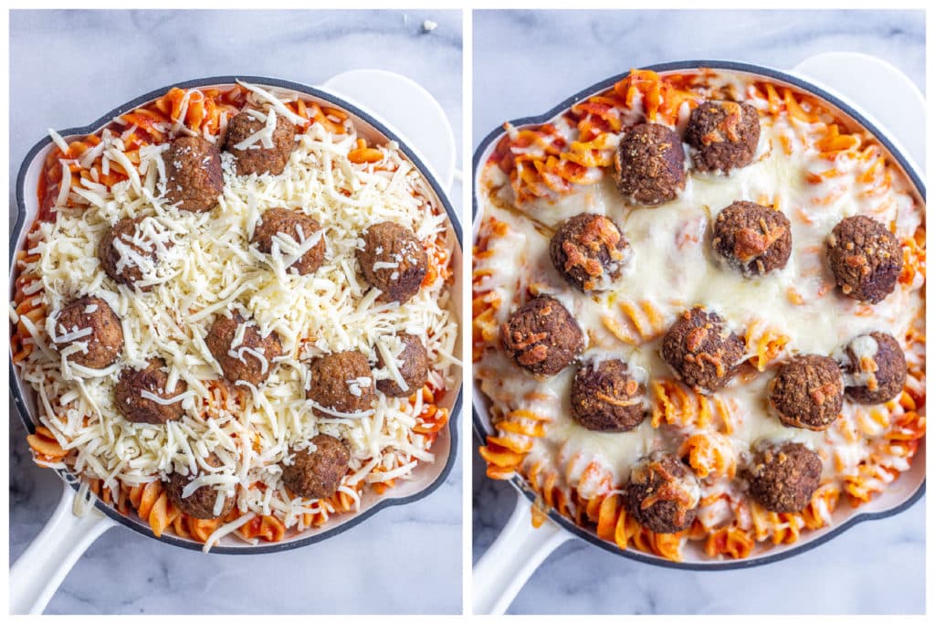 vegetarian meatball baked pasta before and after cheese is melted in the oven