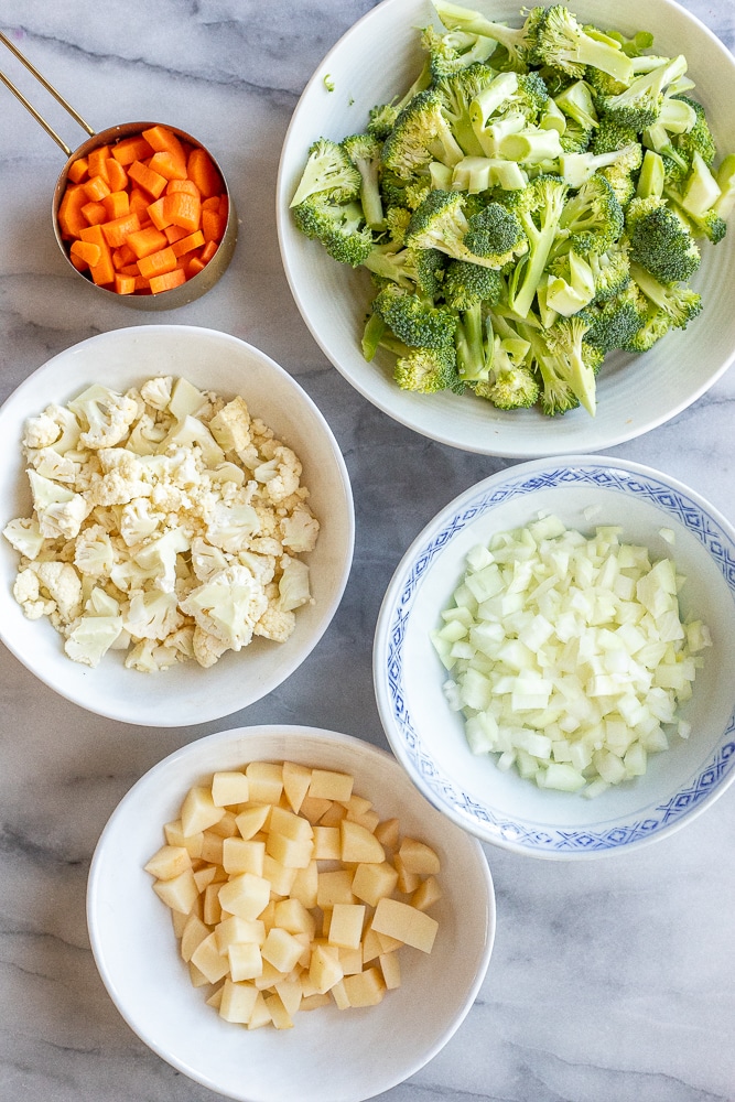 all the vegetable ingredients for the broccoli cheddar soup