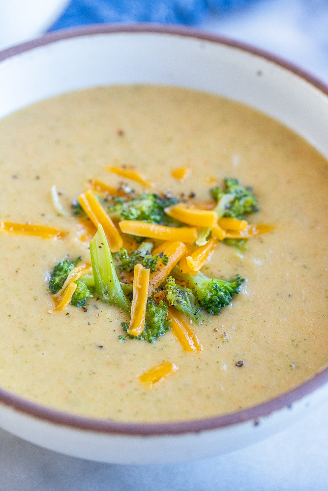close up of lightened up broccoli cheese soup