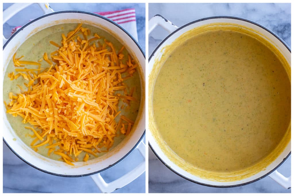 shredded yellow cheddar cheese being added and mixed into the soup