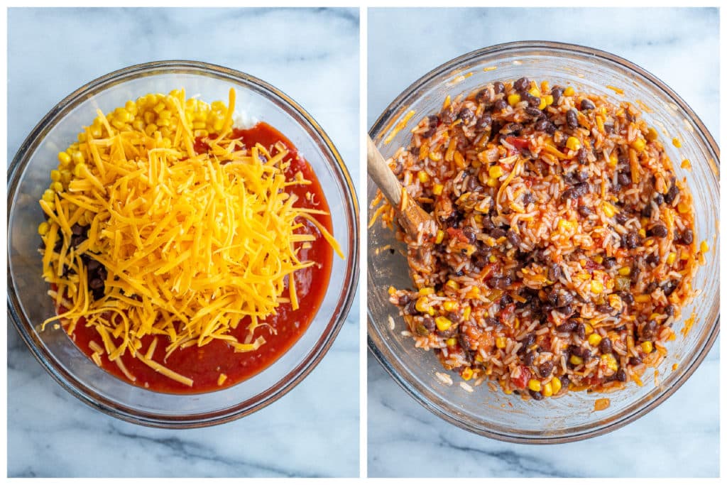 showing how to make the rice and bean taco mixture