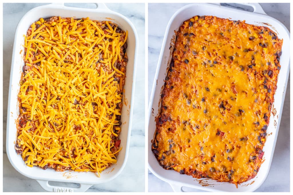 rice and bean taco casserole recipe before and after it has been baked
