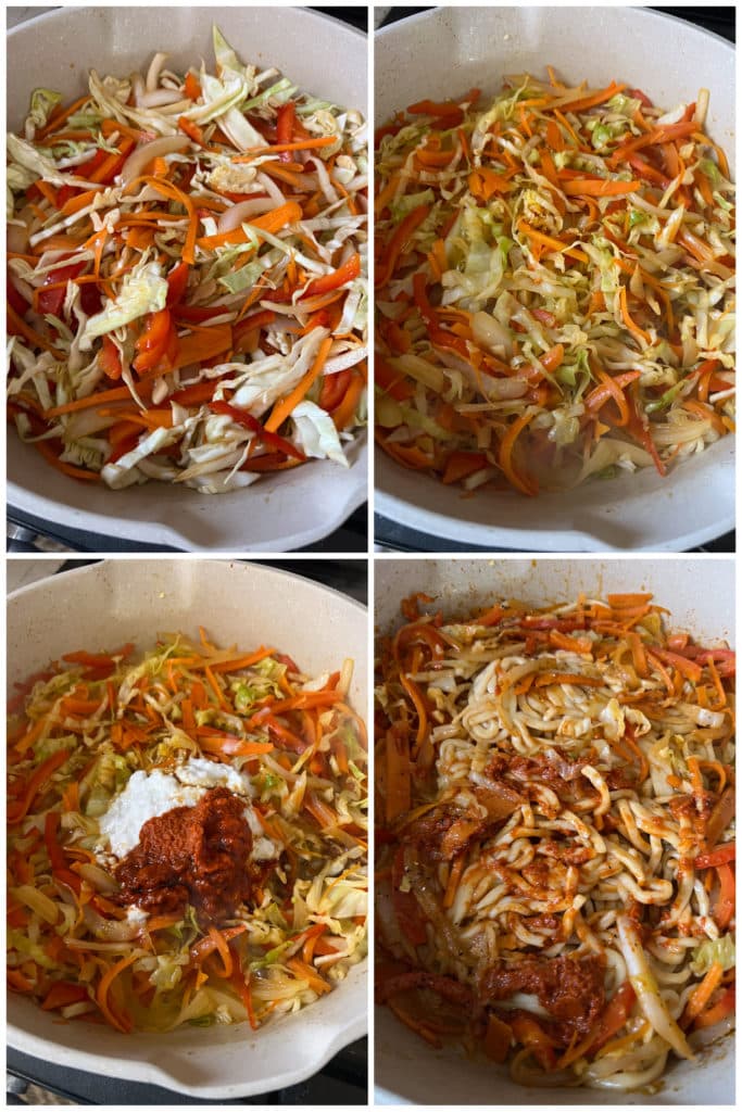 showing how to make red Thai curry noodles with all the vegetables cooking in a pan