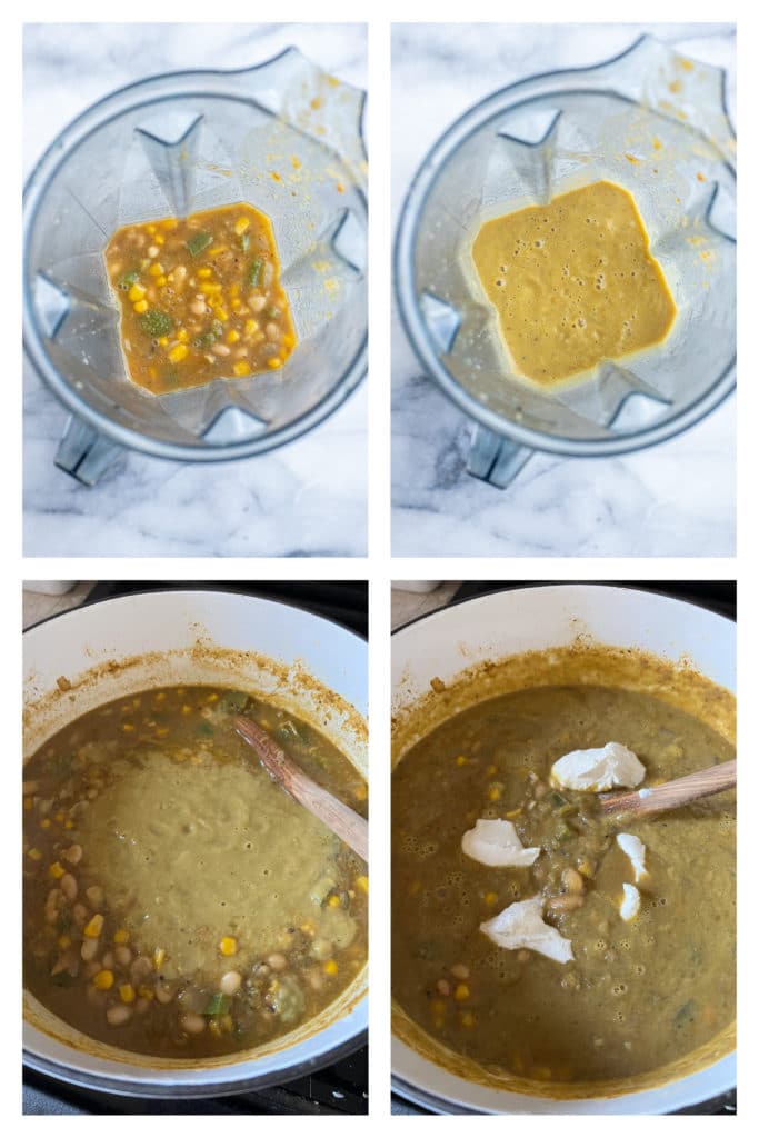 making the white bean chili creamy by blending and adding cream cheese