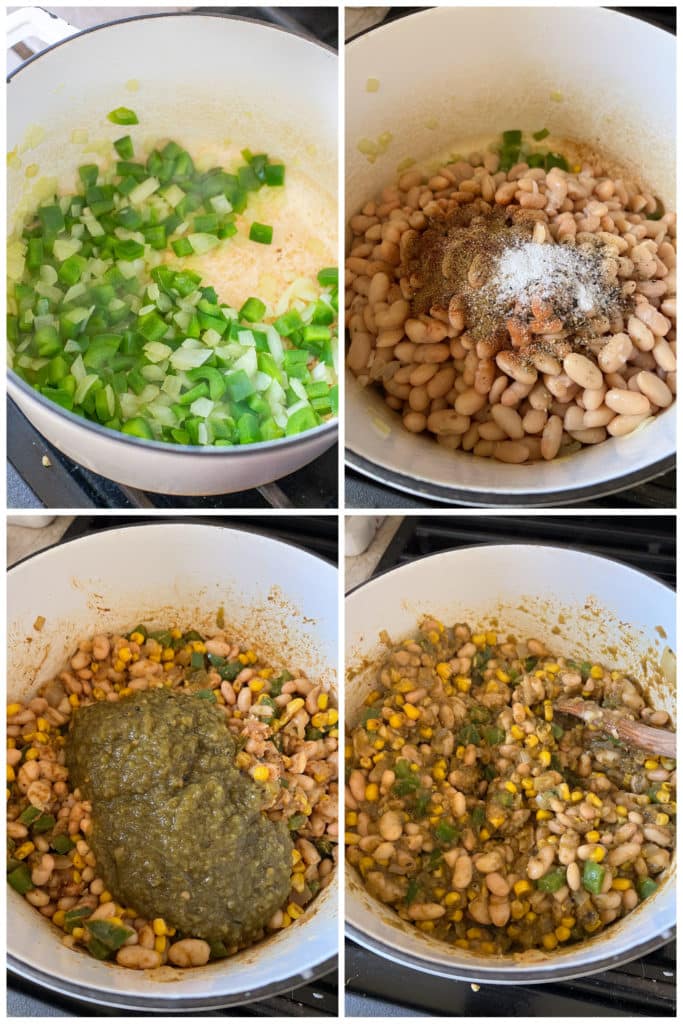 showing how to make vegetarian white bean chili by mixing all the ingredients together