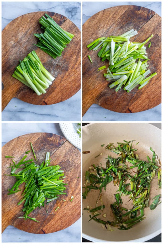 showing how to prepare the scallions before cooking them