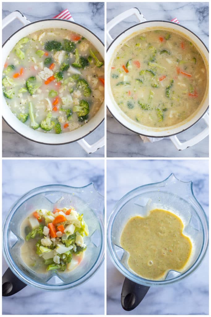 showing how to cook and puree the creamy broccoli cheese soup