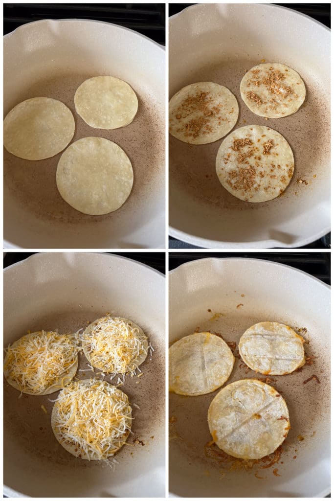 showing how to make 3 ingredient cheese crisps on the frying pan