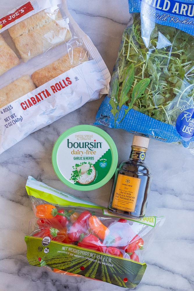 all ingredients needed to make these sweet pepper and Boursin ciabatta sandwiches