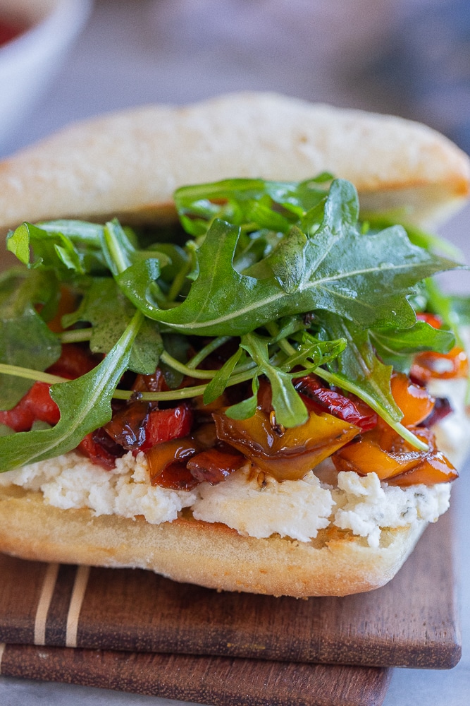 close up of balsamic roasted sweet pepper sandwich