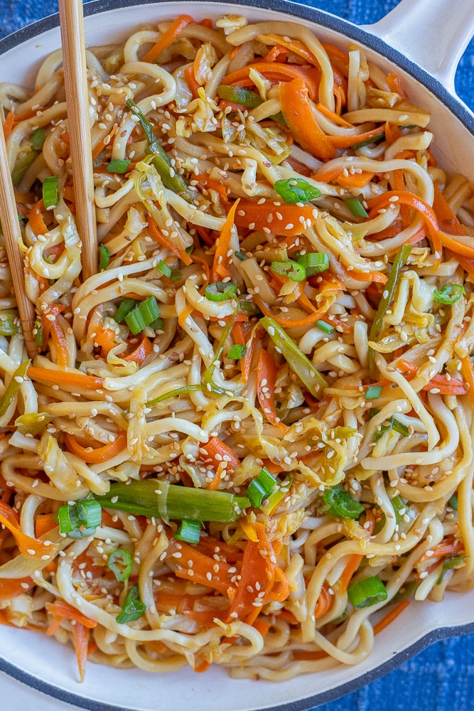 close up of vegan noodles with vegetables
