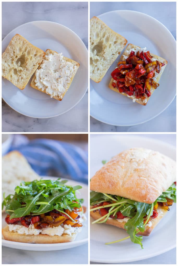 showing how to put together this roasted sweet pepper and Boursin sandwich