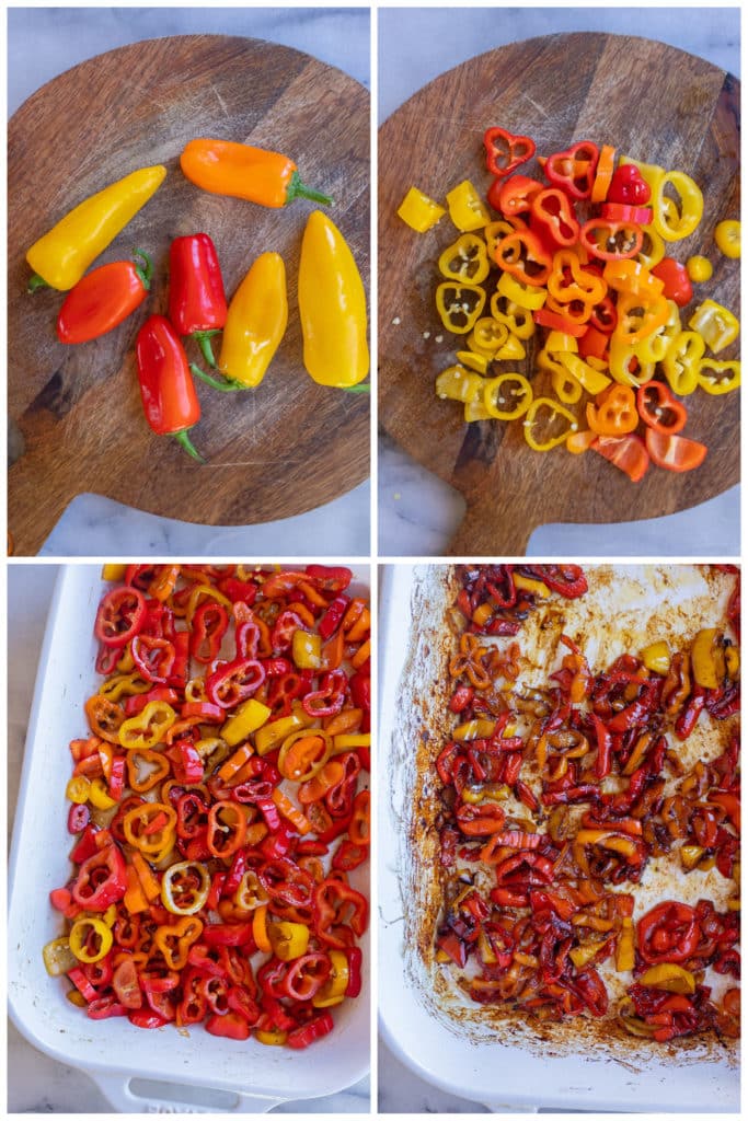 showing how to slice the sweet peppers and roast them with balsamic vinegar