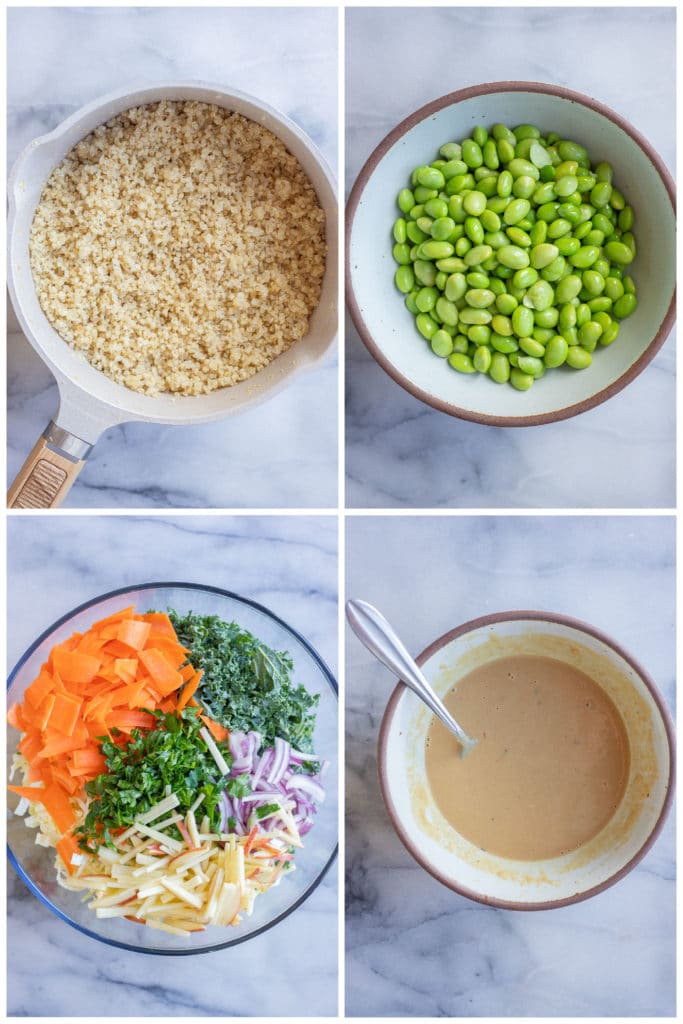 showing how to make this Asian inspired quinoa salad with edamame