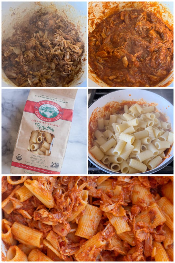 showing how to make the smoky jackfruit pasta sauce with cooked rigatoni