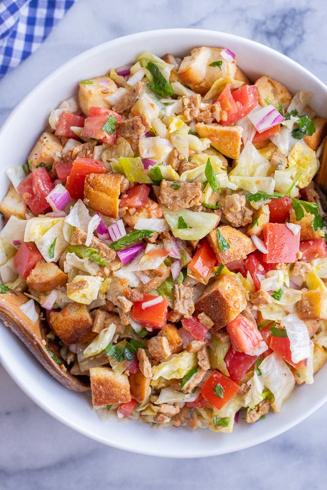 Vegan BLT Panzanella Salad in a serving bowl