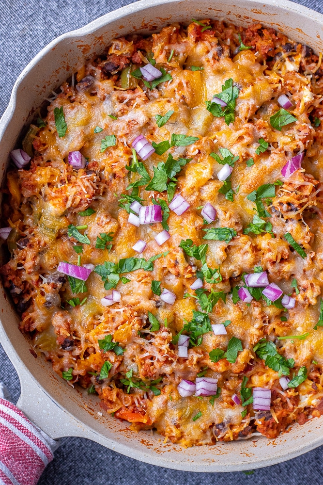 close up of stuffed pepper casserole with garnishes
